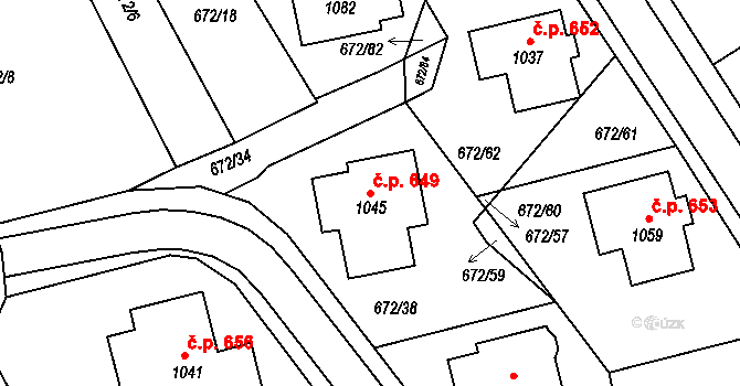 Prštné 649, Zlín na parcele st. 1045 v KÚ Prštné, Katastrální mapa