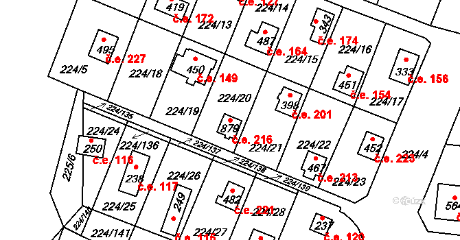 Rabyně 216 na parcele st. 879 v KÚ Rabyně, Katastrální mapa