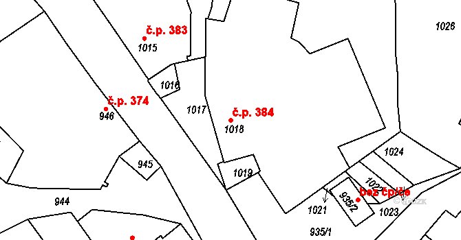 Jemnice 384 na parcele st. 1018 v KÚ Jemnice, Katastrální mapa