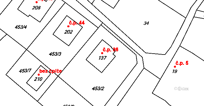 Tichonice 36 na parcele st. 137 v KÚ Tichonice, Katastrální mapa