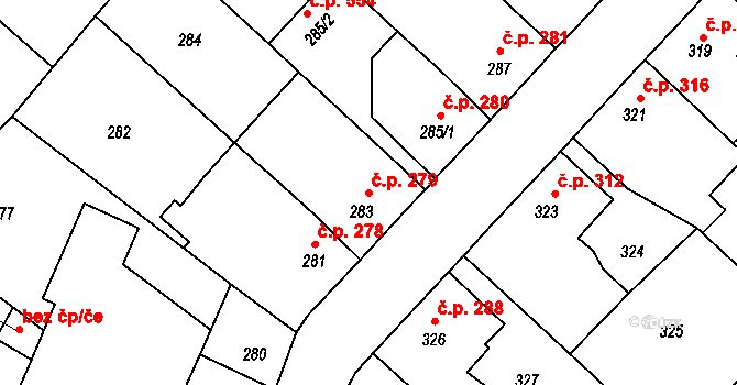 Měřín 279 na parcele st. 283 v KÚ Měřín, Katastrální mapa
