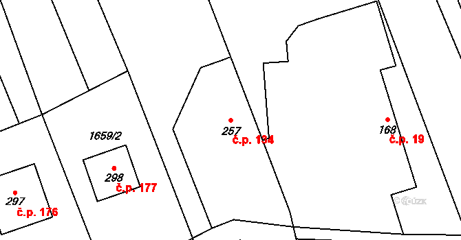 Sehradice 134 na parcele st. 257 v KÚ Sehradice, Katastrální mapa