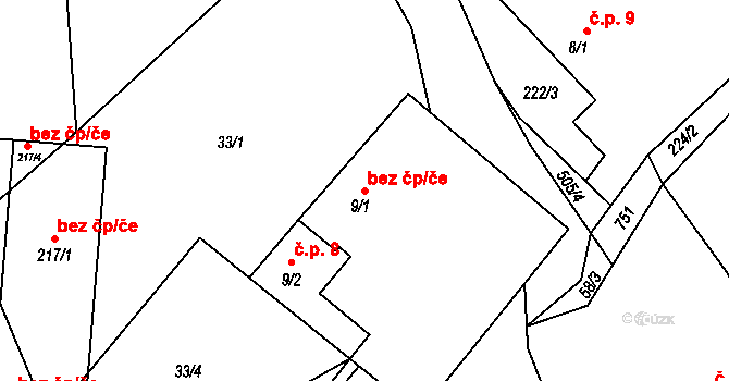 Komorovice 45279438 na parcele st. 9/1 v KÚ Komorovice, Katastrální mapa