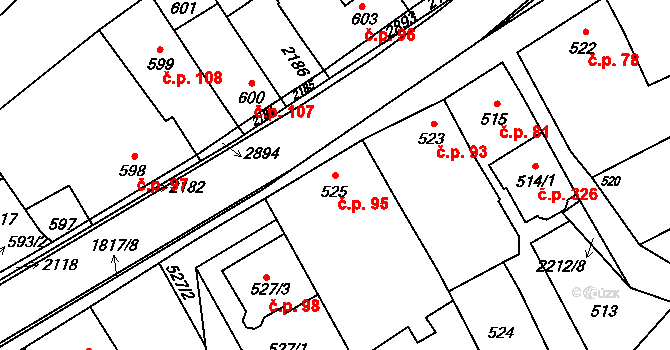Chylice 95, Ostrožská Nová Ves na parcele st. 525 v KÚ Chylice, Katastrální mapa