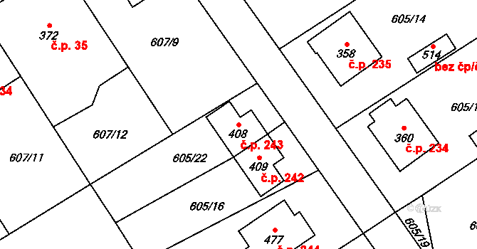 Cheznovice 243 na parcele st. 408 v KÚ Cheznovice, Katastrální mapa