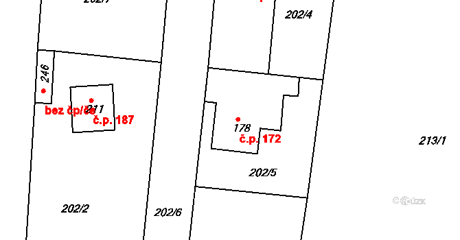 Krušovice 172 na parcele st. 178 v KÚ Krušovice, Katastrální mapa