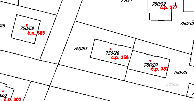 Zruč 356, Zruč-Senec na parcele st. 750/28 v KÚ Zruč, Katastrální mapa