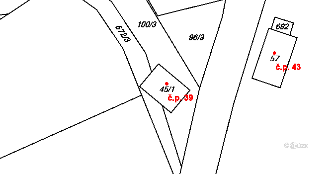 Petrovice u Uhelné Příbramě 39, Uhelná Příbram na parcele st. 45/1 v KÚ Petrovice u Uhelné Příbramě, Katastrální mapa