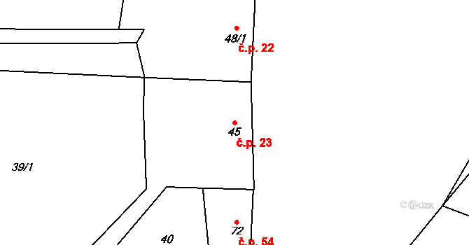 Hlinsko pod Hostýnem 23, Bystřice pod Hostýnem na parcele st. 45 v KÚ Hlinsko pod Hostýnem, Katastrální mapa