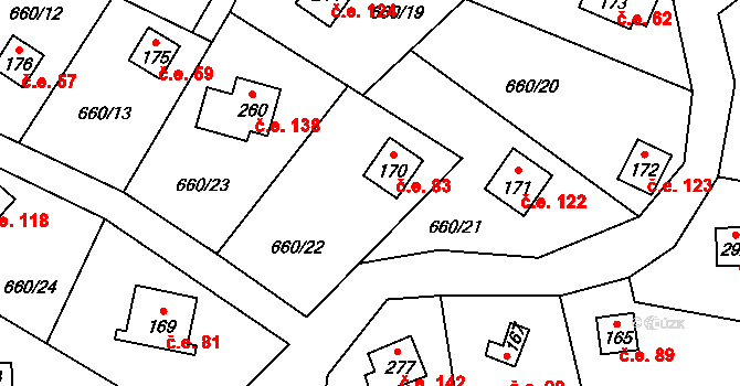 Čeřenice 83, Sázava na parcele st. 170 v KÚ Čeřenice, Katastrální mapa