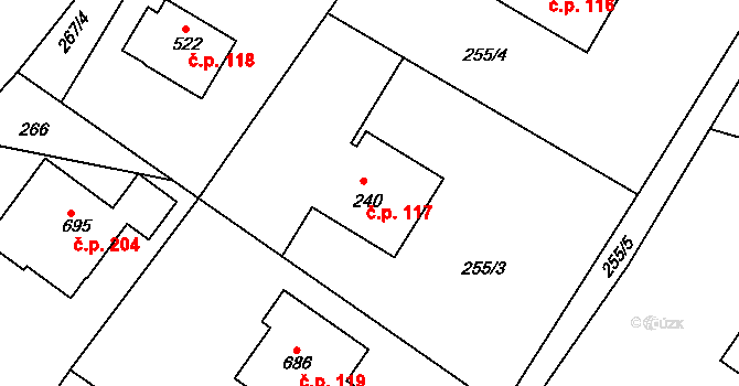 Ládví 117, Kamenice na parcele st. 240 v KÚ Ládví, Katastrální mapa