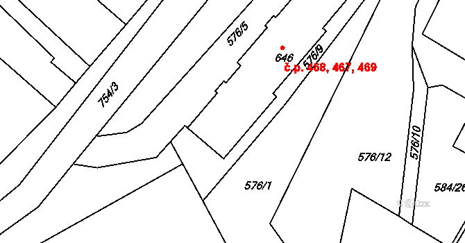 Olešovice 467,468,469, Kamenice na parcele st. 646 v KÚ Ládví, Katastrální mapa