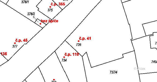 Tuchlovice 41 na parcele st. 736 v KÚ Tuchlovice, Katastrální mapa