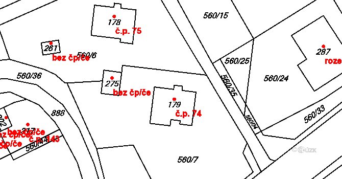Kladruby 74 na parcele st. 179 v KÚ Kladruby u Teplic, Katastrální mapa