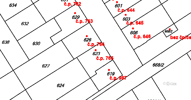 Hulín 765 na parcele st. 623 v KÚ Hulín, Katastrální mapa