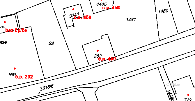 Rožnov pod Radhoštěm 450 na parcele st. 363 v KÚ Rožnov pod Radhoštěm, Katastrální mapa
