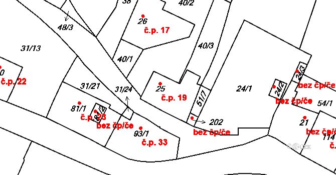 Lysec 19, Bžany na parcele st. 25 v KÚ Lysec, Katastrální mapa