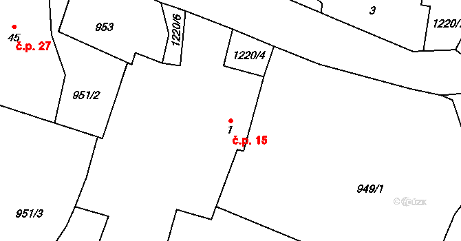 Račerovice 15, Třebíč na parcele st. 1 v KÚ Račerovice, Katastrální mapa