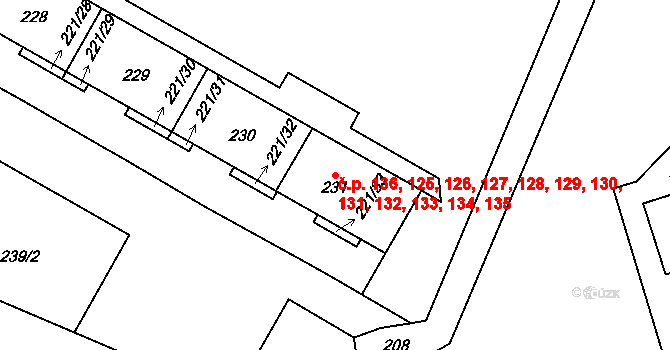 Lesná 125,126,127,128,129,, Brno na parcele st. 231 v KÚ Lesná, Katastrální mapa