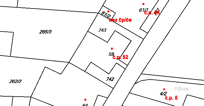 Třeskonice 52, Tuchořice na parcele st. 59 v KÚ Třeskonice, Katastrální mapa