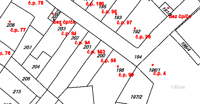 Prosetice 95, Teplice na parcele st. 200 v KÚ Prosetice, Katastrální mapa