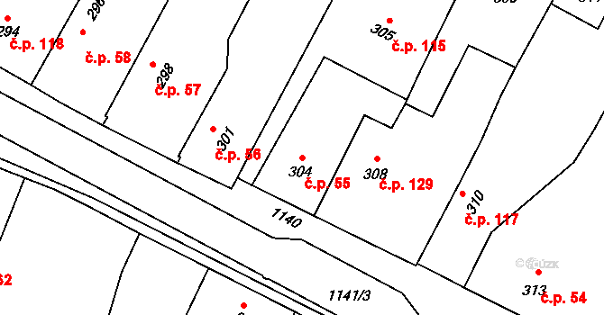 Červenka 55 na parcele st. 304 v KÚ Červenka, Katastrální mapa