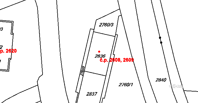 Žižkov 2608,2609, Praha na parcele st. 2836 v KÚ Žižkov, Katastrální mapa