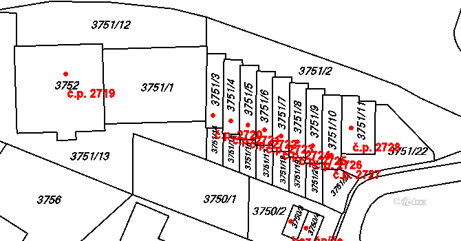 Smíchov 2721, Praha na parcele st. 3751/4 v KÚ Smíchov, Katastrální mapa