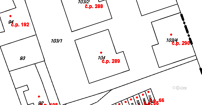 Antonínův Důl 289, Jihlava na parcele st. 104 v KÚ Antonínův Důl, Katastrální mapa
