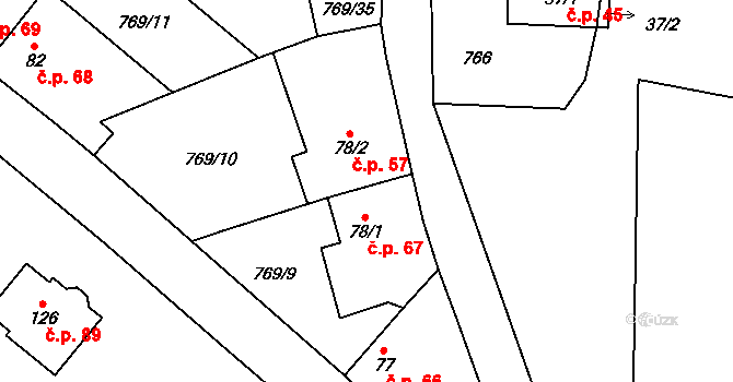 Křižínkov 57 na parcele st. 78/2 v KÚ Křižínkov, Katastrální mapa