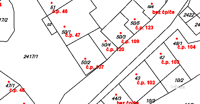 Vážany 120 na parcele st. 50/4 v KÚ Vážany u Vyškova, Katastrální mapa