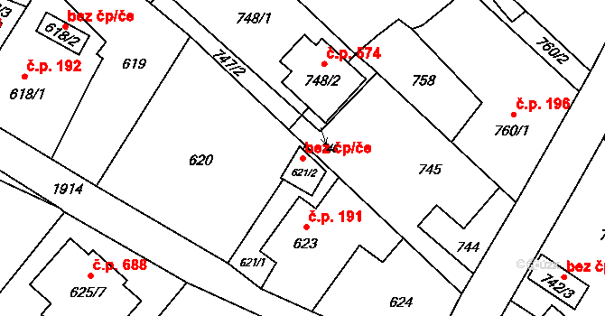 Ostrava 43940439 na parcele st. 621/2 v KÚ Petřkovice u Ostravy, Katastrální mapa