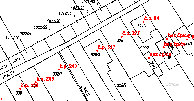 Huštěnovice 327 na parcele st. 328/3 v KÚ Huštěnovice, Katastrální mapa