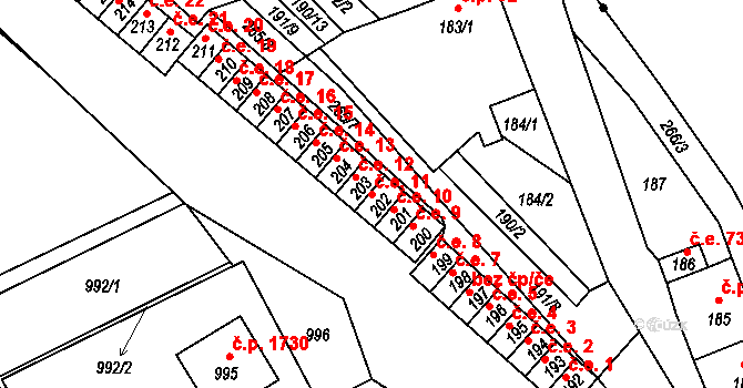 Březenec 11, Jirkov na parcele st. 202 v KÚ Březenec, Katastrální mapa
