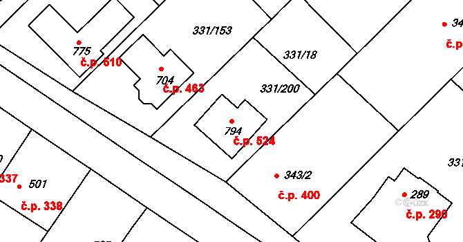 Čebín 524 na parcele st. 794 v KÚ Čebín, Katastrální mapa