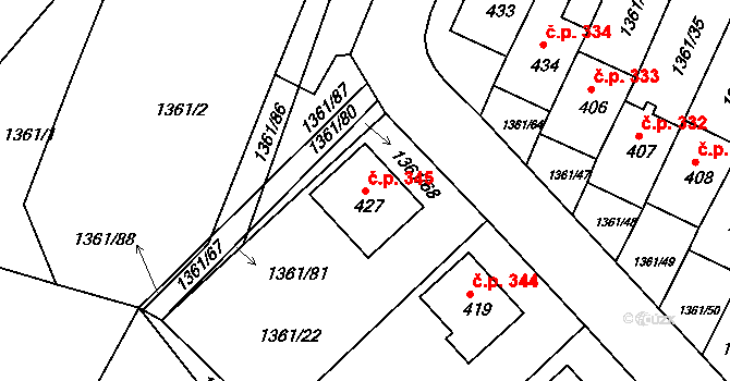 Lhenice 345 na parcele st. 427 v KÚ Lhenice, Katastrální mapa