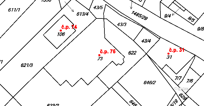 Čachotín 75 na parcele st. 73 v KÚ Čachotín, Katastrální mapa