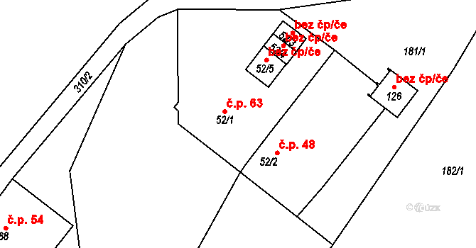 Bohdašín 63, Červený Kostelec na parcele st. 52/1 v KÚ Bohdašín nad Olešnicí, Katastrální mapa