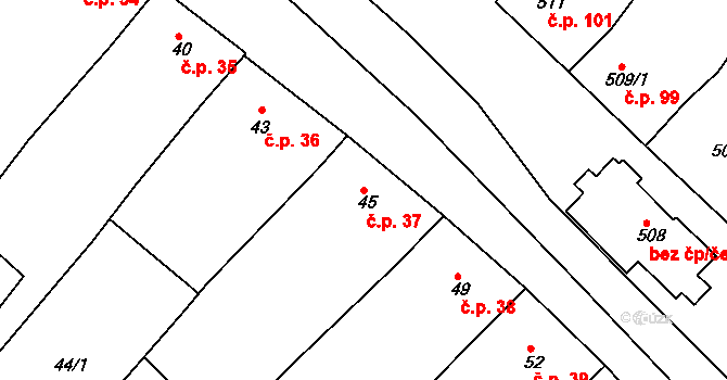 Hrušky 37 na parcele st. 45 v KÚ Hrušky, Katastrální mapa