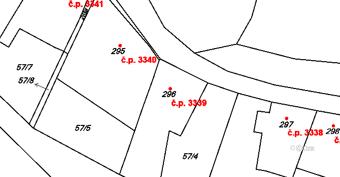 Jihlava 3339 na parcele st. 296 v KÚ Bedřichov u Jihlavy, Katastrální mapa