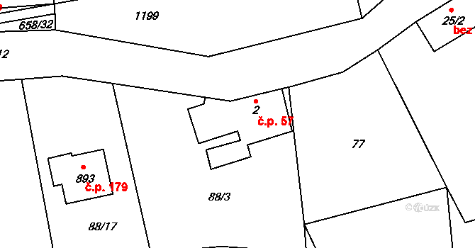 Olšany 57, Brandýsek na parcele st. 2 v KÚ Brandýsek, Katastrální mapa