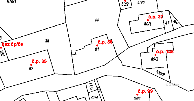 Polevsko 36 na parcele st. 81 v KÚ Polevsko, Katastrální mapa