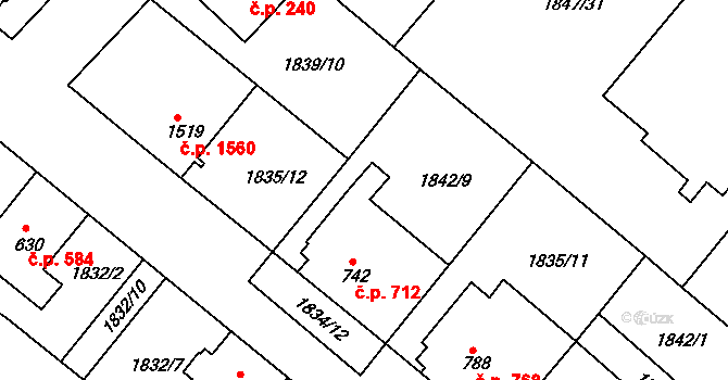 Tišnov 281 na parcele st. 742 v KÚ Tišnov, Katastrální mapa