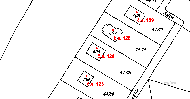 Srbín 120, Mukařov na parcele st. 408 v KÚ Srbín, Katastrální mapa