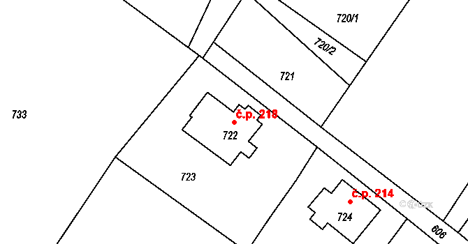 Donín 218, Hrádek nad Nisou na parcele st. 722 v KÚ Donín u Hrádku nad Nisou, Katastrální mapa