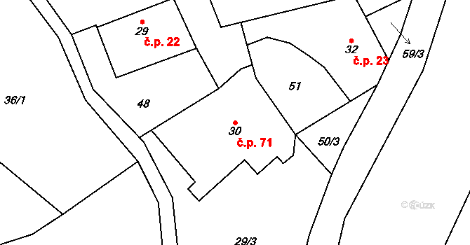 Chomutice 71 na parcele st. 30 v KÚ Chomutice, Katastrální mapa