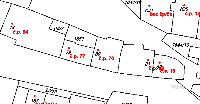 Brníkov 70, Mšené-lázně na parcele st. 80 v KÚ Brníkov, Katastrální mapa