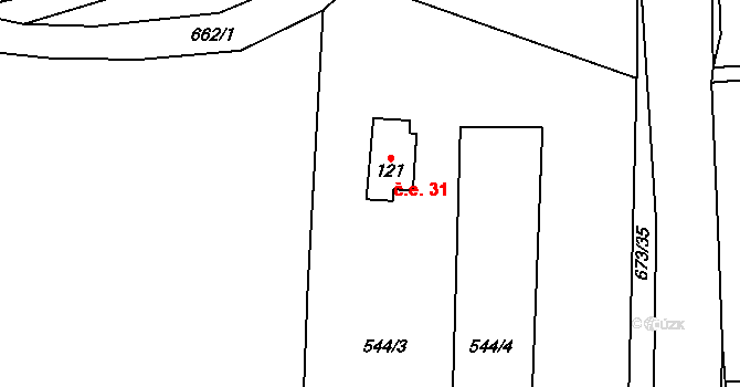 Bradlecká Lhota 31 na parcele st. 121 v KÚ Bradlecká Lhota, Katastrální mapa