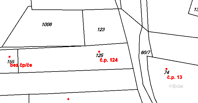 Staré Smrkovice 124 na parcele st. 125 v KÚ Staré Smrkovice, Katastrální mapa