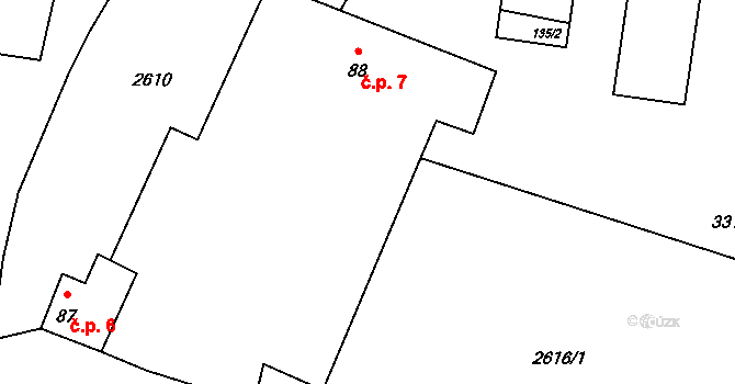 Mokrý Lom 7 na parcele st. 88 v KÚ Mokrý Lom, Katastrální mapa